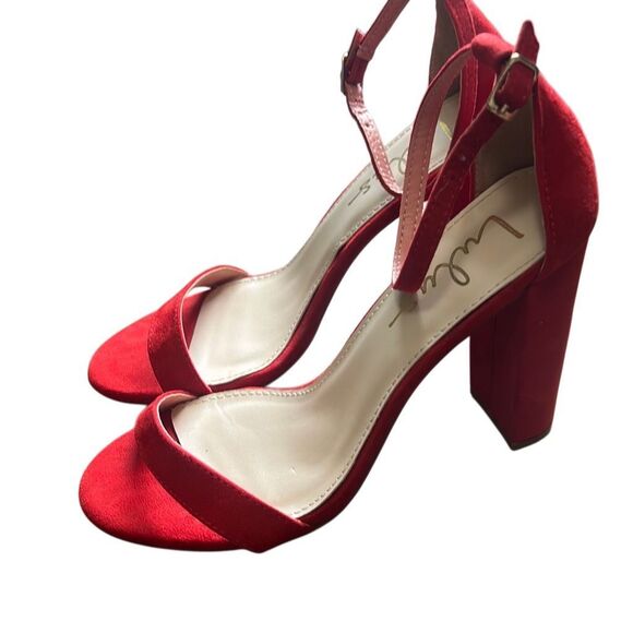 Lulus Red Suede Ankle Strap Block Heel Sandals Party Wedding Shoes‎ - Picture 8 of 9
